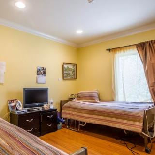 A cozy bedroom with two beds, a television, and natural light coming through the window.