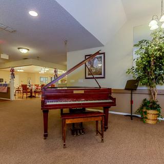 A grand piano in a well-lit room with a plant and artwork on the walls.