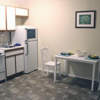 A minimalist kitchen and dining area with a small table and chair setup in an apartment.