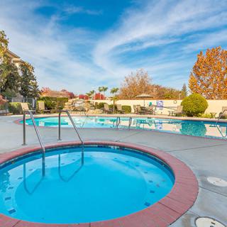 A sunny outdoor area featuring a swimming pool and hot tub surrounded by trees.
