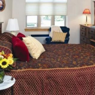 A cozy bedroom featuring a large bed with patterned bedding, decorative pillows, and a bedside table with flowers.