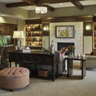 A cozy living room with elegant furniture, featuring a fireplace and built-in bookshelves.