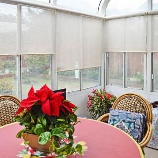 A cozy conservatory with rattan chairs and a table adorned with a poinsettia, surrounded by large windows and light-filtering blinds.