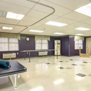 A well-lit physical therapy room equipped with parallel bars and a floor mat.