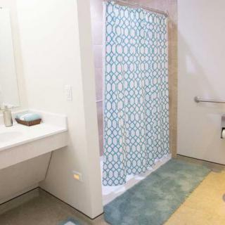 A bathroom featuring a shower with a patterned curtain, adjacent sink with mirror, and soft rugs.