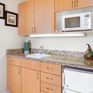 A small kitchen area with wooden cabinets, a granite countertop, a microwave, and a mini fridge.