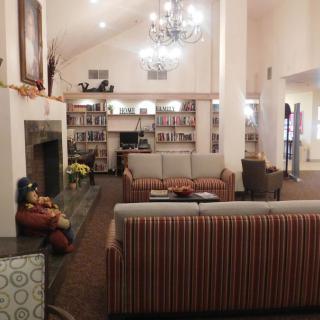 A cozy living room with a library, featuring bookshelves, sofas, a fireplace, and a chandelier.