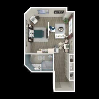 A 3D floor plan of a studio apartment showcasing a compact living space with a bedroom, kitchen, and bathroom.