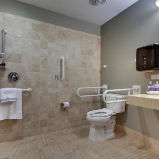 Accessible bathroom with handrails and grab bars for safety.