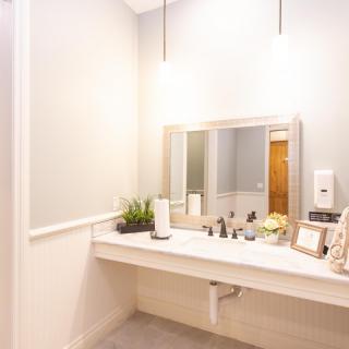 A modern bathroom featuring a large mirror, a countertop sink, and minimalist decor with plants.