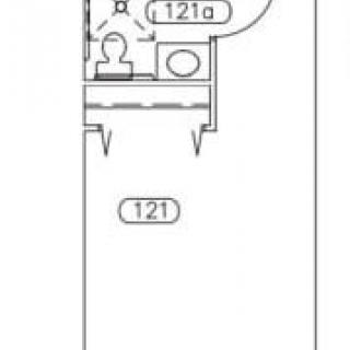 A section of a floor plan showing the layout of room 121 and its adjacent bathroom.
