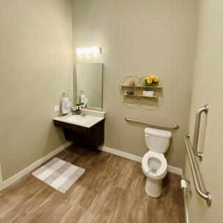 A clean and spacious bathroom with a toilet, sink, mirror, and handrail for accessibility.