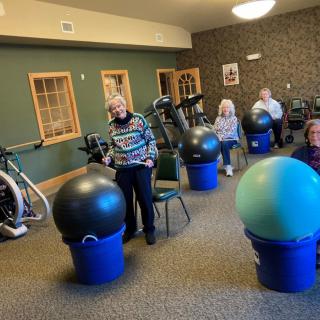 A group of seniors participating in an indoor exercise class using fitness balls.