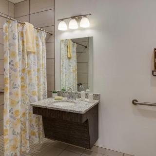 A modern bathroom with a sink, mirror, and shower area.