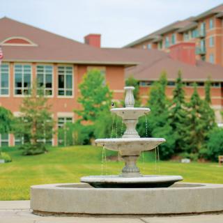 A scenic view of a fountain in front of a large building surrounded by greenery.