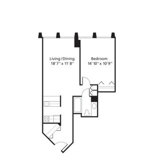 A floor plan of an apartment showing the layout and dimensions of the living/dining area and bedroom.