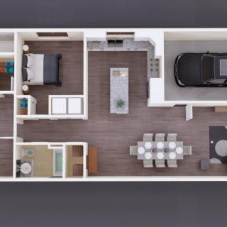 A top view of a modern home floor plan showing a bedroom, bathroom, kitchen, dining area, living room, and garage.