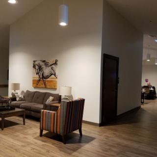 A cozy lounge area with a sofa, armchair, and a horse artwork on the wall.