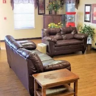 A cozy living room with brown leather sofas, a wooden coffee table, and indoor plants, featuring a popcorn machine in the corner.