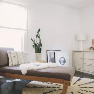 A minimalist living room with modern furniture, including a comfortable sofa and indoor plant.