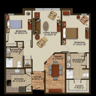 A detailed floor plan of a two-bedroom apartment, featuring a living room, kitchen, dining area, and bathrooms.