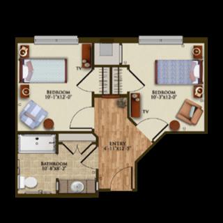 A two-bedroom apartment floor plan featuring a kitchen, bathroom, and living area.