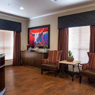 A cozy waiting room featuring comfortable chairs, artwork on the wall, and large windows with curtains.