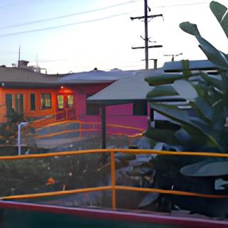 A view of colorful buildings surrounded by plants during the evening.