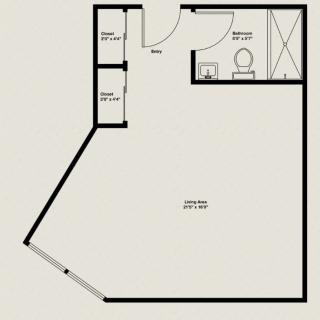 A simple floor plan showing a single room with an adjoining bathroom and closet.