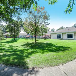 A serene residential backyard featuring a lush green lawn and a central tree under a clear blue sky.