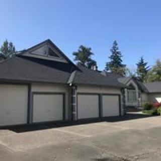 A residential house with a large garage and driveway, surrounded by trees.