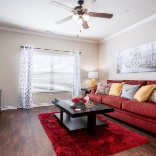 A modern living room featuring a red sofa with colorful pillows, a black coffee table on a red rug, and soft natural light filtering through window curtains.