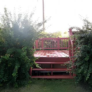 An old red bed frame surrounded by lush, overgrown plants in a garden setting.