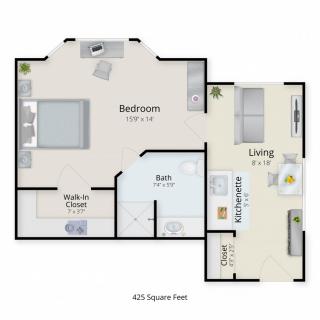 A floor plan of a one-bedroom apartment featuring a bedroom, bathroom, kitchen, and living room.