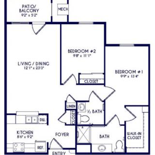 A detailed floor plan of a two-bedroom apartment with labeled room dimensions.
