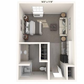A top-view floor plan of a studio apartment with designated bedroom, living room, kitchen, and bathroom areas.