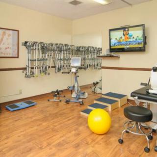 A rehabilitation room equipped with various physical therapy tools including an exercise bike, resistance bands, and a yellow exercise ball.