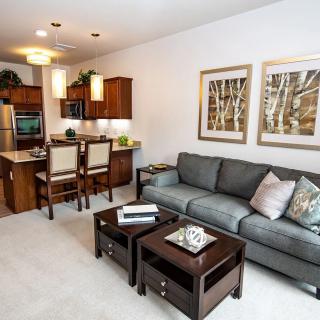 A modern open-plan living room and kitchen with elegant decor and comfortable furniture.