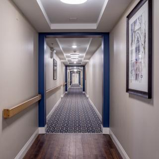 A hotel hallway with patterned carpet and framed artwork.