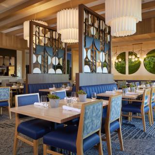 A modern restaurant interior with elegant decor and comfortable seating.
