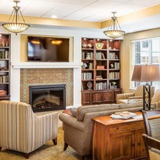 A cozy living room with a fireplace, bookshelves, and comfortable seating.