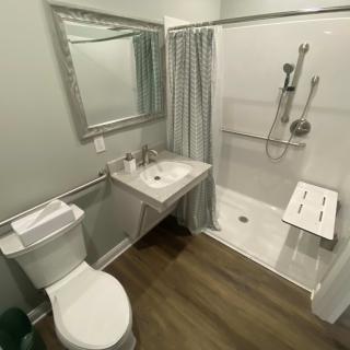 An accessible bathroom with modern amenities, featuring a shower with grab bars and a shower chair.