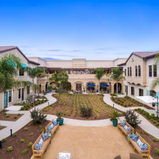 A beautifully landscaped courtyard surrounded by modern buildings and palm trees.