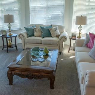 A cozy living room with elegant sofas, a wooden coffee table, and decorative cushions.