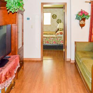 A cozy living room with a television, sofa, and a view into the bedroom.