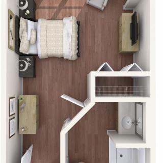 A 3D rendered floor plan of a bedroom with furniture and wooden flooring.