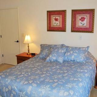 A cozy bedroom with a blue-patterned bedspread, bedside table with a lamp, and framed artwork on the wall.