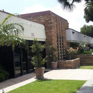 A modern building with brick detailing surrounded by lush landscaping and palm trees.