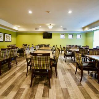 A spacious dining area with neatly arranged tables and chairs, featuring a bright green wall and wooden flooring.