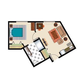 This image depicts a floor plan with a layout for a living area, bedroom, and bathroom.